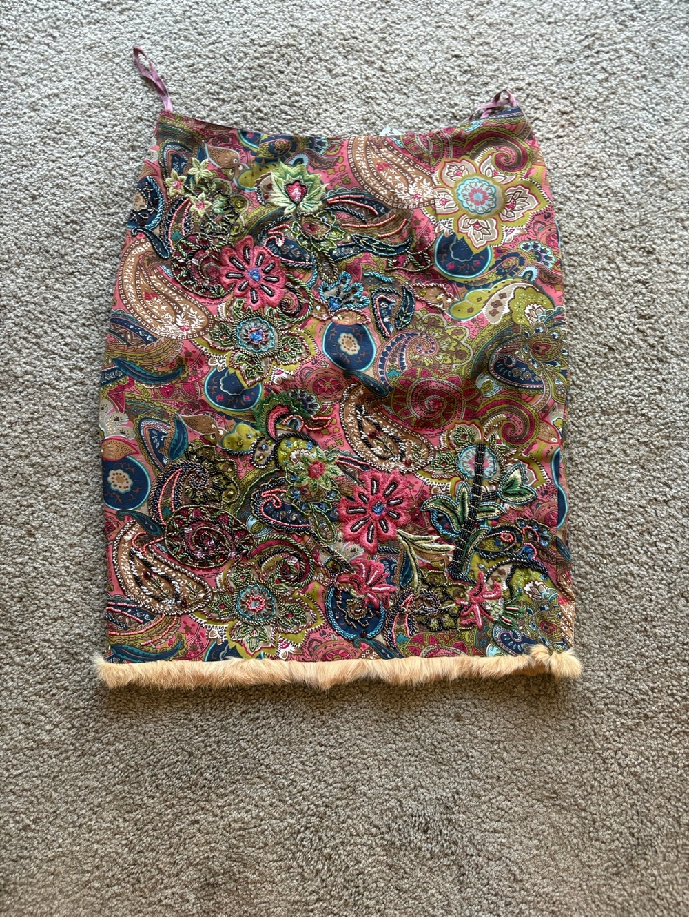 Embroidered Paisley Pencil Skirt with Fur Hem - Multicolor